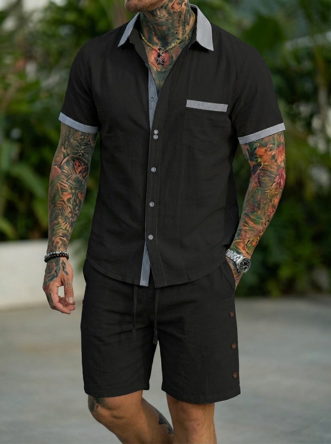 Men's Fashion Cuban Style Shir - Short Linen Drawstring 评论和价格