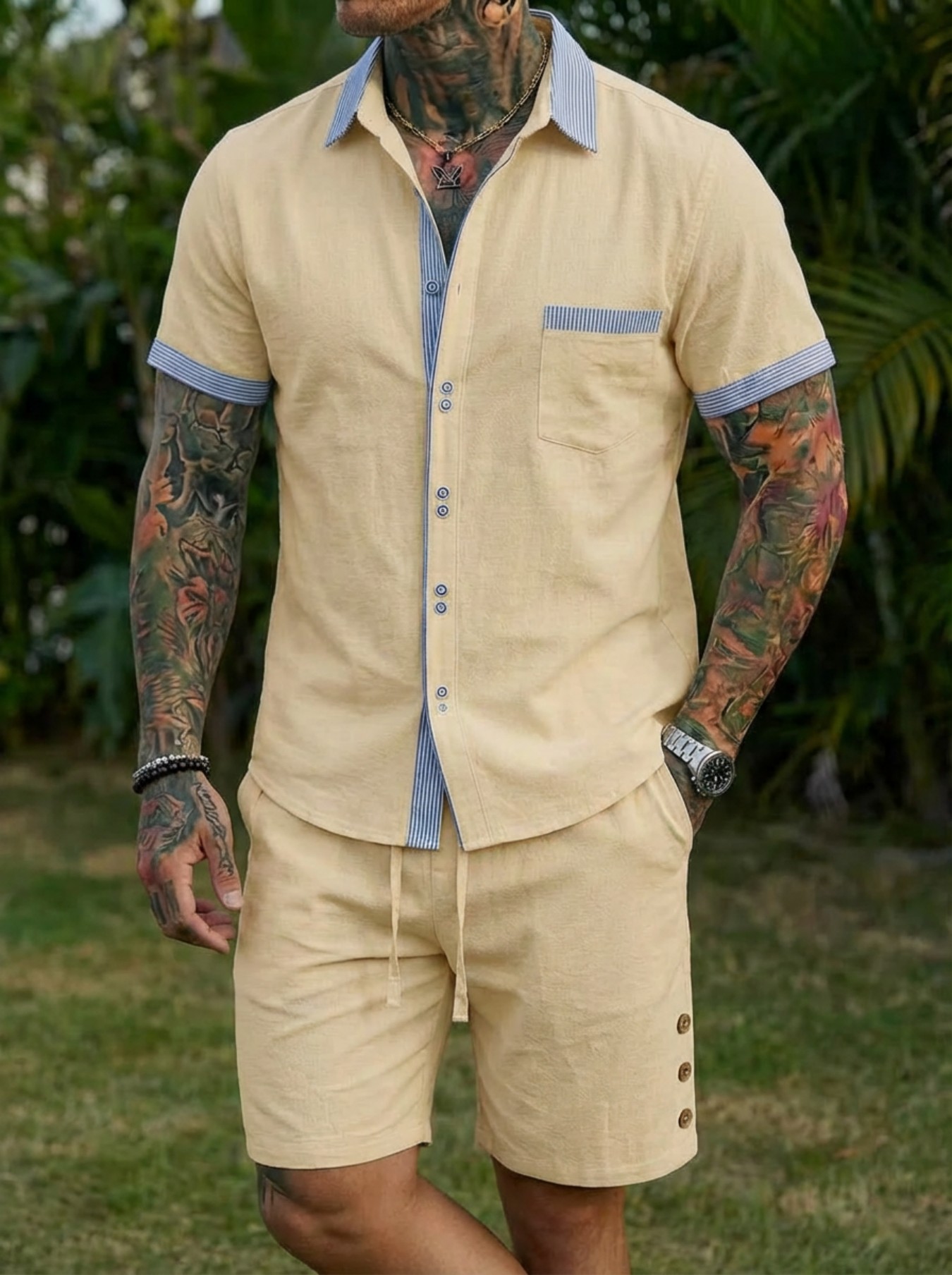 Men's Fashion Cuban Style Shir - Short Linen Drawstring 评论和价格