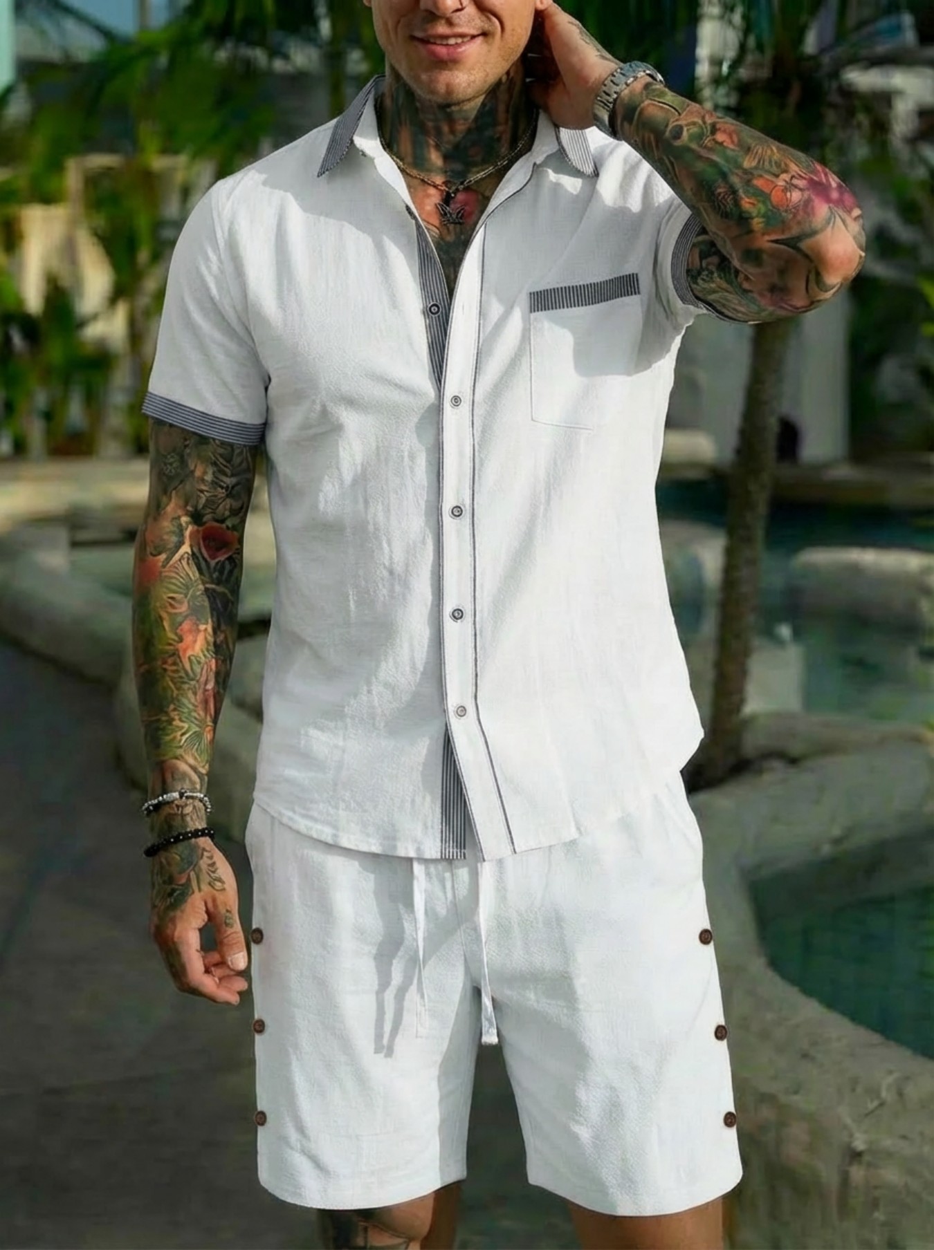 Men's Fashion Cuban Style Shir - Short Linen Drawstring 评论和价格