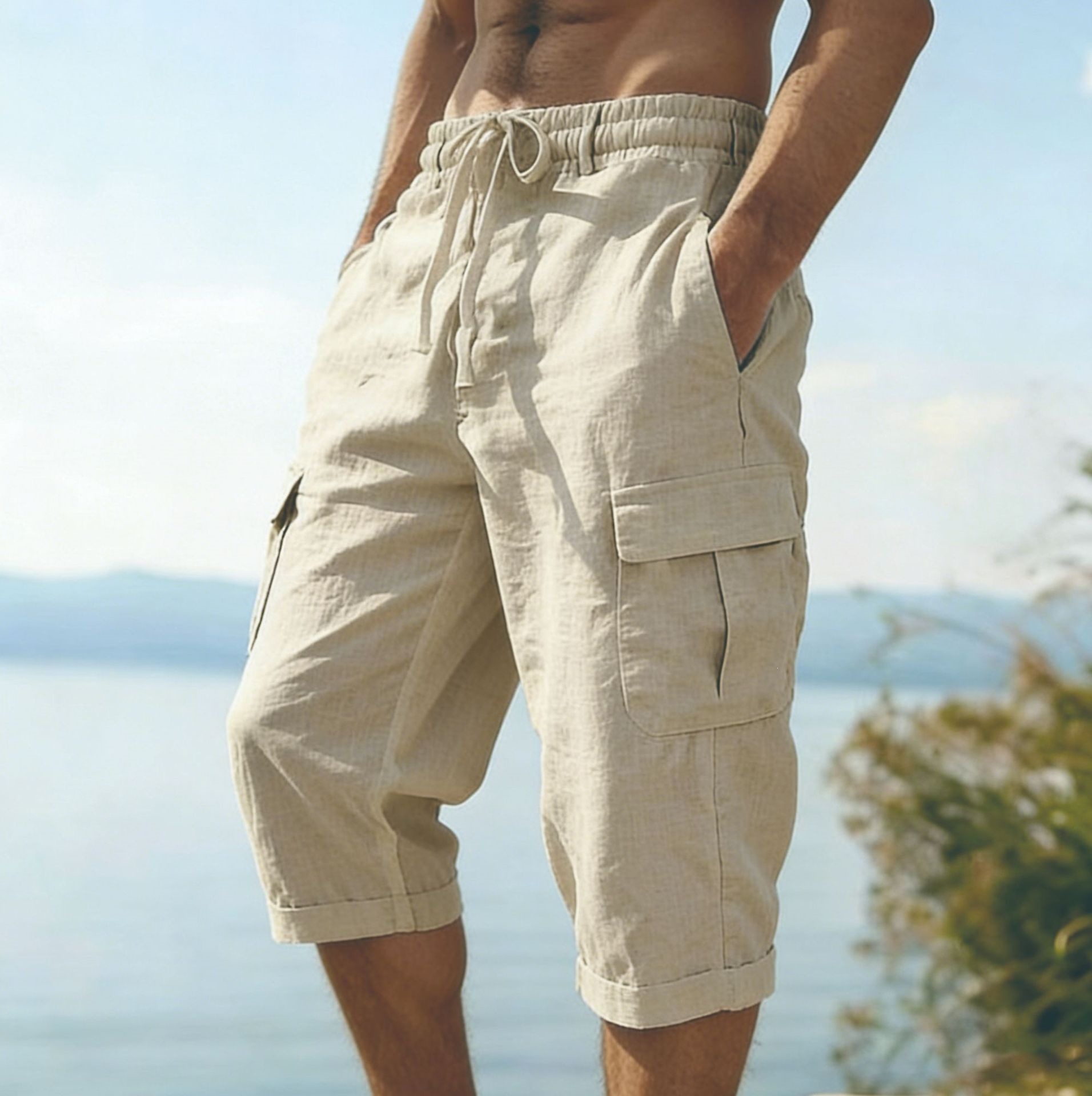 Men Summer Cotton Linen Shorts - Short Linen Drawstring 评论和价格